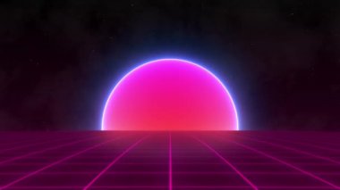 Pikselleştirilmiş çizgileri ve basit dairesel şekli olan 80 'ler retro tarzı sahne