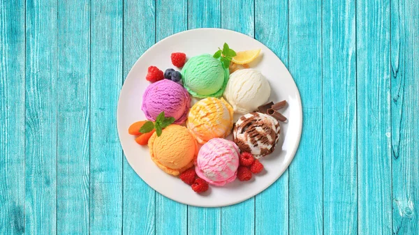 Plate Colorful Ice Cream Wooden Texture Table Royalty Free Stock Photos