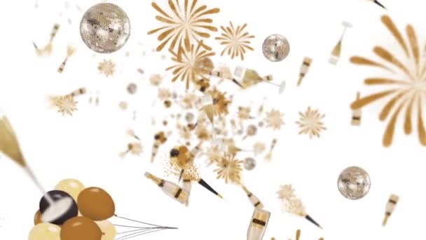 Feestelijk Intro Met Glazen Champagne Glitter Deeltjesvuurwerk — Stockvideo