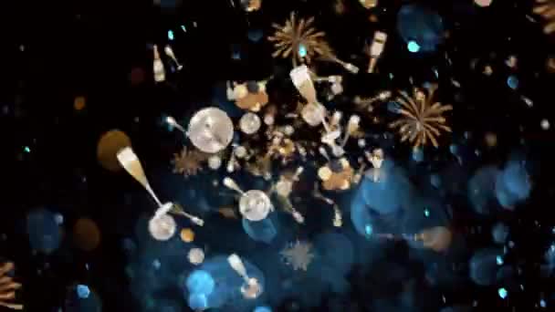 Introdução Festiva Com Copos Champanhe Fogos Artifício Partículas Brilho — Vídeo de Stock