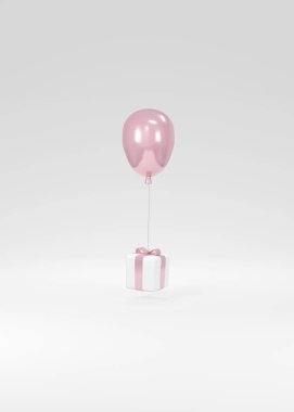 Cinsiyet teşhisi, düğün, doğum günü konsepti. Arka planda hediye kutusundan süzülen gerçekçi pastel pembe balonlar. 3 boyutlu görüntüleme. Üç boyutlu illüstrasyon. Minimum fikir. Davetiye kartı.