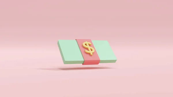 3D渲染省钱的概念 货币图标 用粉红背景隔离的粉刷钞票包在一起 3D渲染 3D插图 最低限度 — 图库照片