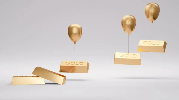 Rendering Concept Van Goudprijs Gouden Staven Worden Opgehaald Door Ballonnen — Stockfoto