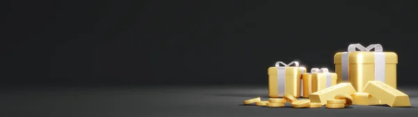 Altın Işleme Konsepti Altın Sikkeler Siyah Arkaplan Render Altın Hediye — Stok fotoğraf