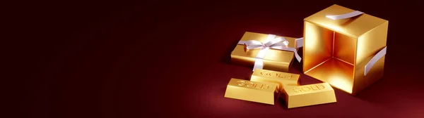 Rendering Konzept Von Gold Goldenes Geschenk Auf Rotem Hintergrund Render — Stockfoto