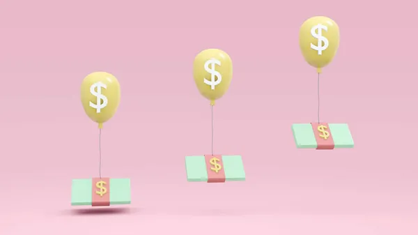 金融通货膨胀的3D渲染概念 一个气球 背负着一包美元的钞票在空中盘旋 3D渲染 3D插图 意大利面主题 最低限度主义 — 图库照片