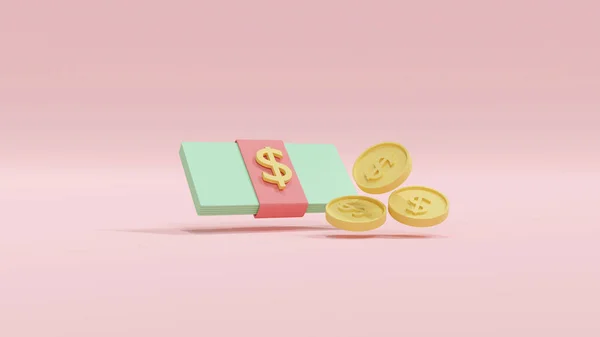 3D渲染货币的概念 网上购物 一包美元钞票和硬币的胶水 3D渲染 3D插图 最低限度 — 图库照片