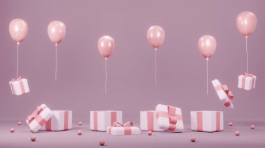 3 boyutlu tasarım konsepti, ticari tasarım için yüzen balonlar. Pembe Tema. 3 Boyutlu Hazırlama.