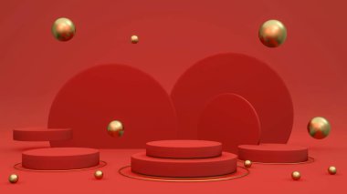 3D yorumlama konsepti kırmızı altın podyum. Parlak kırmızı podyum ürün standı ve ticari tasarım için oluşturulmuş altın elementlerle arka plan. 3 boyutlu görüntüleme. 3B illüstrasyon.