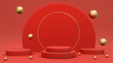 3D yorumlama konsepti kırmızı altın podyum. Parlak kırmızı podyum ürün standı ve ticari tasarım için oluşturulmuş altın elementlerle arka plan. 3 boyutlu görüntüleme. 3B illüstrasyon.