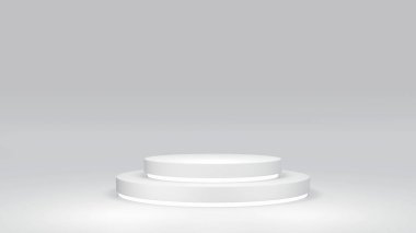 Ticari şablon tasarımı için beyaz ürün ekran podyumları kompozisyon geometri unsurlarının üç boyutlu yorumlama kavramı. 3B Hazırlama.