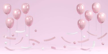 3 boyutlu canlandırma kavramı balon arka planı. Pembe balonlar ve açık pembe arka plan oda stüdyosunda yüzen konfeti. 3 boyutlu görüntüleme. Üç boyutlu illüstrasyon. Asgari fikir yaratıcı kavram.