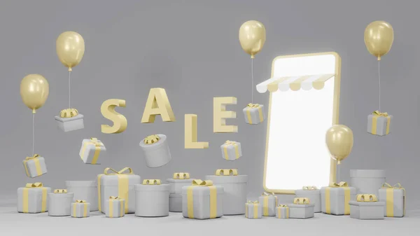 電子商取引 オンラインショッピングの3Dレンダリングの概念 ギフトボックス 風船やテキスト Sale のスマートフォンは 商業デザインの背景に浮かんでいます 灰色と黄色のテーマ 3Dレンダリング — ストック写真