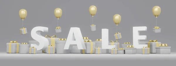 オンラインショッピングの3Dレンダリングコンセプト ギフトボックス テキスト商業デザインのためのグレーと黄色のテーマを背景に箱から飛び出す Sale 3Dレンダリング — ストック写真