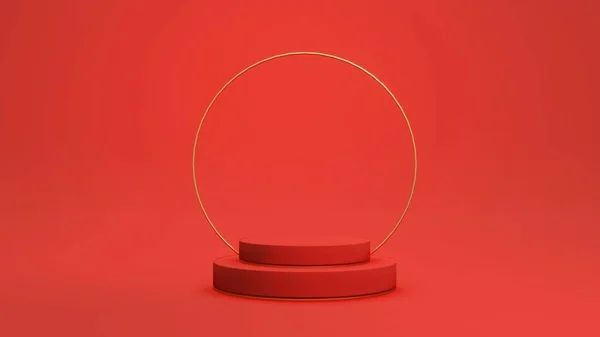 Концепция Рендеринга Красного Подиума Стенд Красный Подиум Золотой Круглый Элемент — стоковое фото