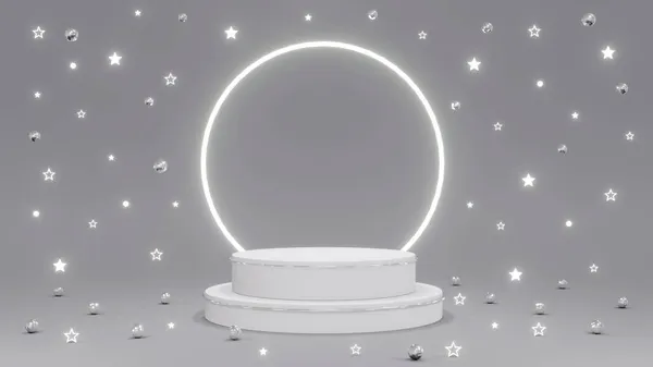 三维渲染的概念 白色的平台与闪亮的明星 圆形气球 礼物和一个发光的戒指灰色背景的商业产品展示设计 3D渲染 — 图库照片
