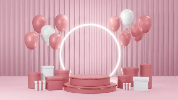 三维渲染平台的概念与现有的盒子 气球和一个闪亮的戒指粉红色背景的商业设计 3D渲染 — 图库照片