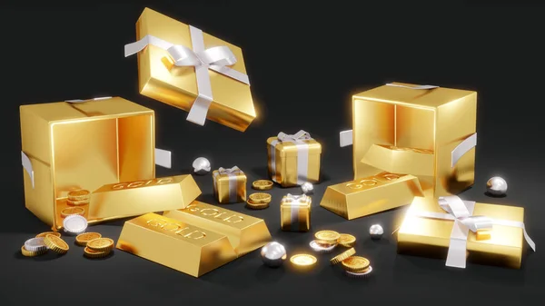Koncepcja Renderowania Złotej Świnki Bank Złoto Złote Monety Prezenty Czarnym — Zdjęcie stockowe