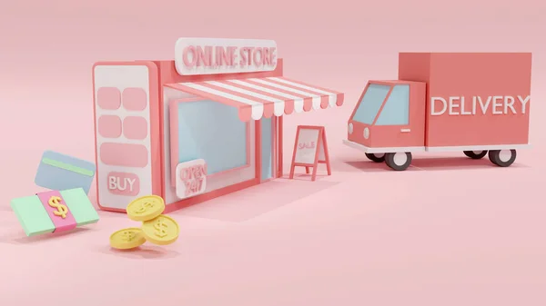 3D渲染网上购物的概念 有网上商店和钞票 信用卡背景的电话 3D渲染 3D插图 — 图库照片