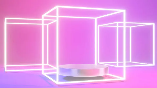 三维渲染底座的彩色紫色和粉红色霓虹灯背景 正方形框架 抽象最小概念 干净的设计 最低限度的模型 3D渲染 — 图库照片