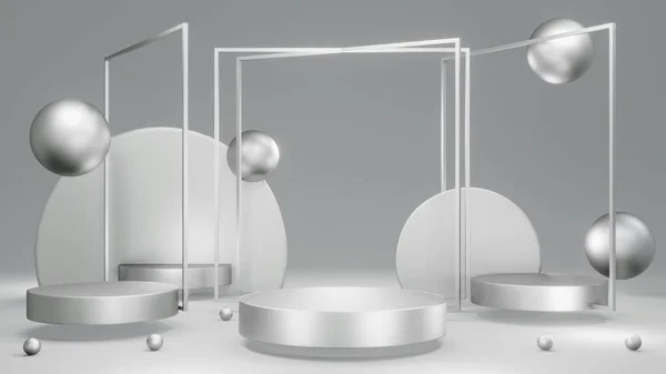 市販のテンプレート設計のためのブランク製品ディスプレイ表彰台組成幾何学的要素の金属銀テーマの3Dレンダリングコンセプト 3Dレンダリング — ストック写真