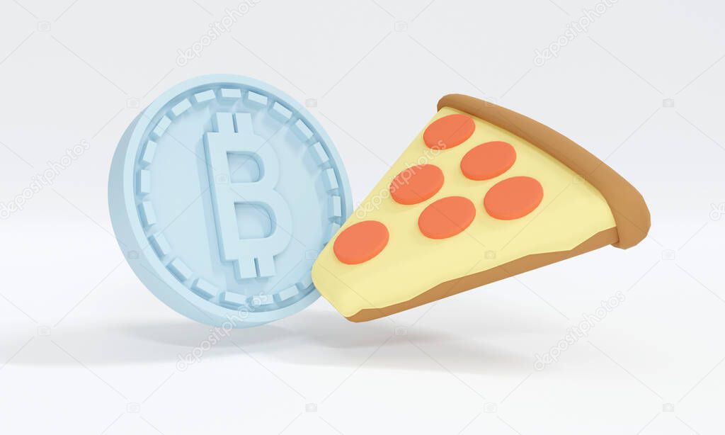3D Rendering concept of Bitcoin Pizza day: B coin and a slice of pizza in cartoon style. 3D render. 3D illustration. Minimal.