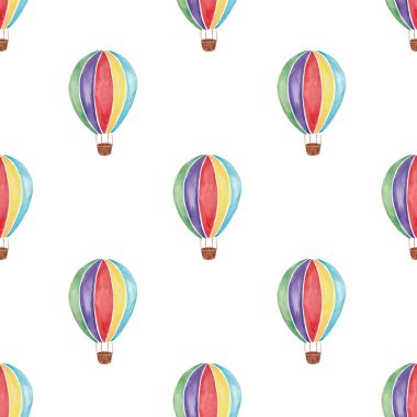 Gökkuşağı renginde kusursuz suluboya resim beyaz zemin üzerinde sıcak hava balonları