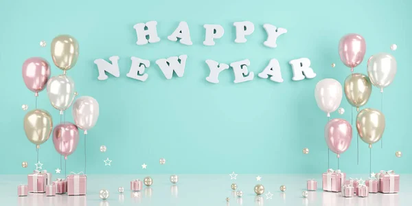 Rendering Concept Van Happy Nieuwjaar Tekst Muur Met Ballonnen Geschenken — Stockfoto