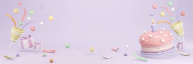 3D Rendering of birthday cake with candle and party popper popping confetti in pastel theme concept of birthday party banner. 3D Render illustration.