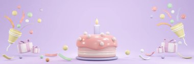 3D Rendering of birthday cake with candle and party popper popping confetti in pastel theme concept of birthday party banner. 3D Render illustration.