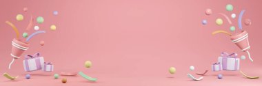 3D Rendering of party popper and confetti with copy space in pastel theme banner background. 3D Render illustration.