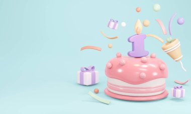 3D Rendering of pastel birthday cake party with candle number 1 with copy space on blue background. 3D Render illustration.