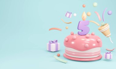 3D Rendering of pastel birthday cake party with candle number 5 with copy space on blue background. 3D Render illustration.