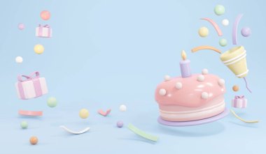 3D Rendering of birthday cake with candle and party popper popping confetti in pastel theme concept of birthday party background. 3D Render illustration.
