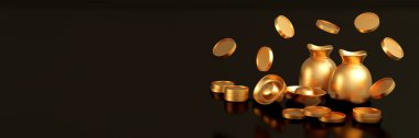 3D Rendering of Panorama scene of Chinese gold bars ingot money bag and golden coins and copy space on black background banner. 3D Render illustration.