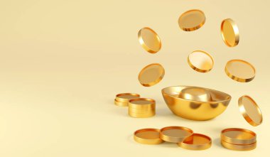 3D Rendering of Chinese gold bars ingot and golden coins on background. 3D Render illustration.