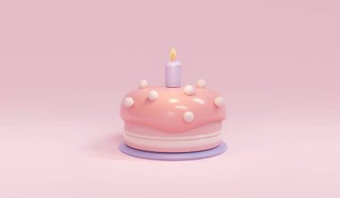 3D Rendering of birthday cake with candle in pastel theme concept of birthday party banner. 3D Render illustration.