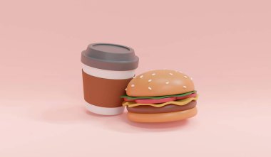 3d Rendering concept of food, American breakfast. A cup of coffee with burger on pink background. 3D Render. 3D illustration. Minimal design template.
