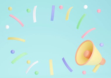 3D rendering of blank space for text with megaphone confetti on background. 3D Render. 3D illustration.