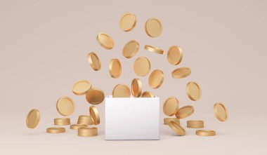 3D Rendering of money coins explode from a box on background concept of donation, money jar, savings.  3D Render illustration.