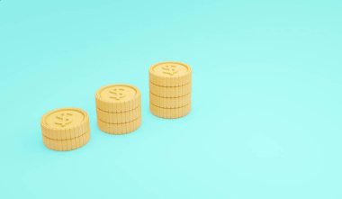 3D Rendering concept of stack of dollar in yellow on blue background. 3D Render illustration.