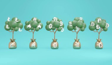 3D Rendering concept of investment money tree with symbols of cryptocurrency lite coin, bitcoin, ethereum, dogecoin on background. 3D Render illustration.