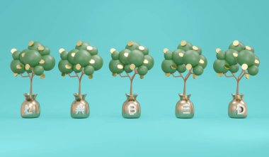 3D Rendering concept of investment money tree with symbols of cryptocurrency lite coin, bitcoin, ethereum, dogecoin on background. 3D Render illustration.