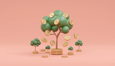 3D Rendering concept of money investment. Trees with coins falling down on background. 3D Render.