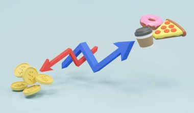3d Rendering pointing down of graph of money and rise up of graph of food concept of Stagflation higher price of commodity but inflation rate is high
