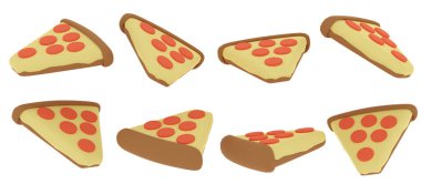 3D Rendering concept of food. Set of spinning slice of pizza in many views rotate in different angles isolated on white background. 3D Render. 3d illustration.