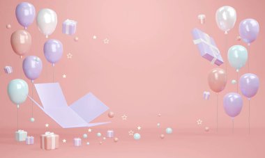 3D rendering concept of pastel gift open with balloon and copy space