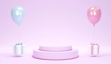 3D Rendering concept of gender reveal, baby shower, birthday party. blue and pink pastel balloons and gift with podium white background. 3D Render. 3D illustration.
