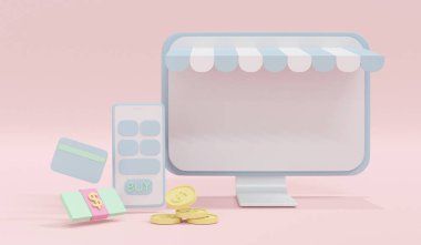 3D Rendering laptop with store facade, phone, a pack of dollar bill, credit card, coins on background concept of online shopping. 3D render. 3D illustration.