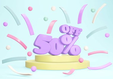 3D rendering of discount banner 50 percent on podium confetti on background. 3D Render. 3D illustration.
